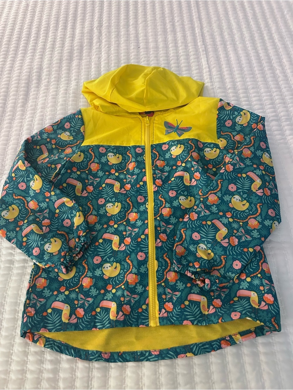 Lily & Dan Girls' Hooded Jacket - Teal Floral & Yellow. Size S(6-6X)